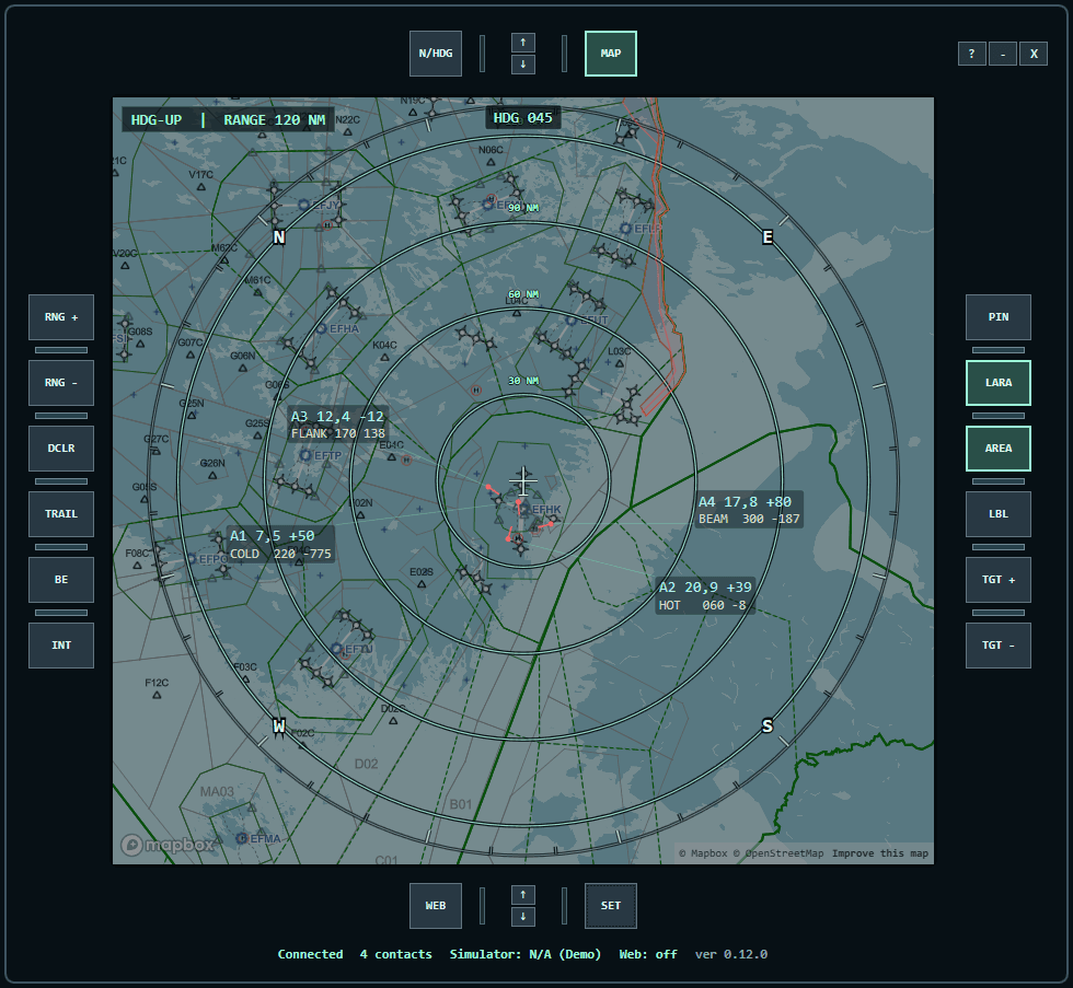 VTSD Tactical Situation Display showing simulator traffic, tactical labels, map controls and kneepad